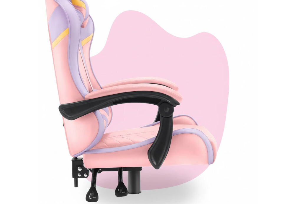 Fotel HELL'S CHAIR HC- 1004 Kids Colorful Różowo-fioletowy zbliżenie na podłokietniki różowo-białe tło miękkie wypełnienie solidne podparcie spójna stylistyka komfort przedramion