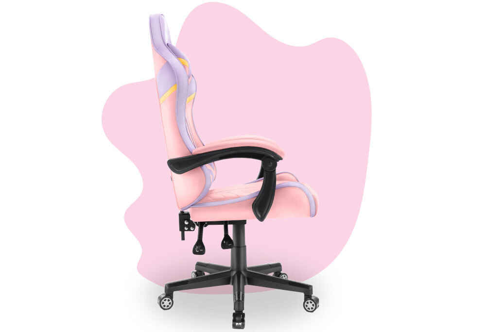 Fotel HELL'S CHAIR HC- 1004 Kids Colorful Różowo-fioletowy prezentacja fotela od boku na różowo-białym tle płynnie regulowana wysokość siedziska prawidłowa cyrkulacja krwi redukcja uczucia zmęczenia nóg podnośnik gazowy certyfikat SGS