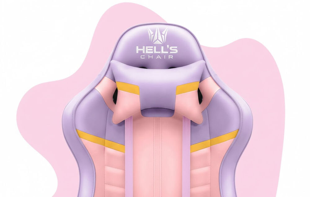 Fotel HELL'S CHAIR HC- 1004 Kids Colorful Różowo-fioletowy zbliżenie na oparcie i napis z marką różowo-białe tło szerokie zastosowanie rozrywka nauka dopasowanie do ciała