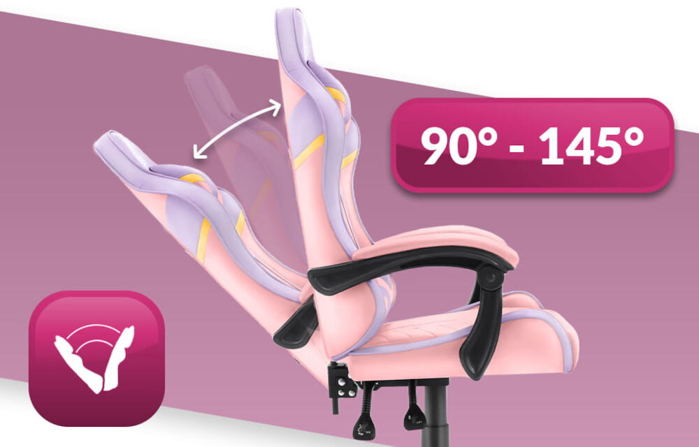 Fotel HELL'S CHAIR HC- 1004 Kids Colorful Różowo-fioletowy prezentacja fotela od boku i jego możliwej regulacji na różowo-białym tle płynna regulacja kąta pochylenia oparcia zakres wygodna dźwignia optymalna pozycja dla komfortu
