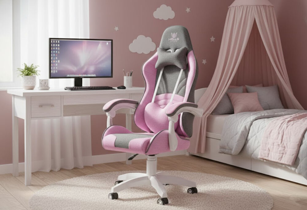 Fotel HELL'S CHAIR Rainbow Kids Szaro-różówy prezentacja fotela od przodu pod kątem w różowym pokoju dziecięcym do 120 kg bezpieczne stabilne użytkowanie trwałość wygoda