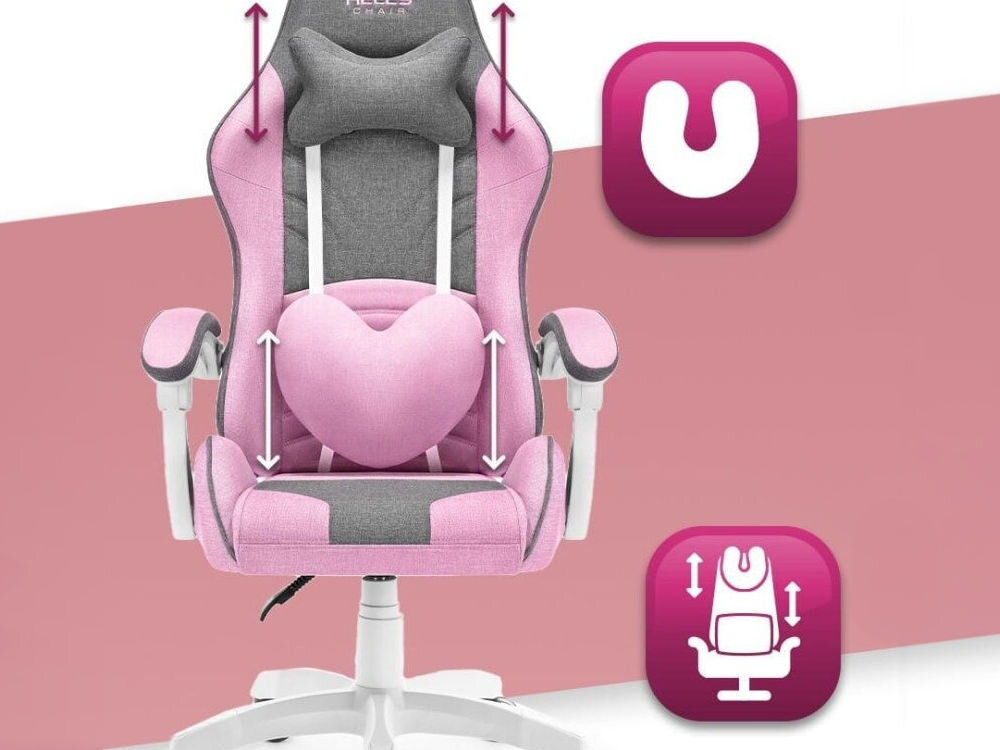 Fotel HELL'S CHAIR Rainbow Kids Szaro-różówy prezentacja fotela na różowo-białym tle strzałkami zaznaczona możliwość regulacji poduszek ikony poduszka lędźwiowa poduszka wspierająca mięśnie karku odpowiednie podparcie dla ciała komfort suwak wymiana wypełnienia indywidualne potrzeby