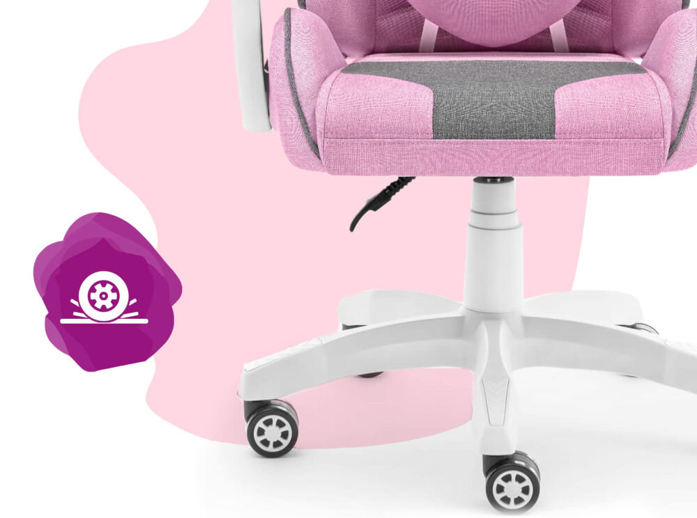Fotel HELL'S CHAIR Rainbow Kids Szaro-różówy zbliżenie na kółka na różowo-białym tle ikona kółek poliuretanowo-kauczukowa powłoka cicha i płynna praca ochrona podłogi