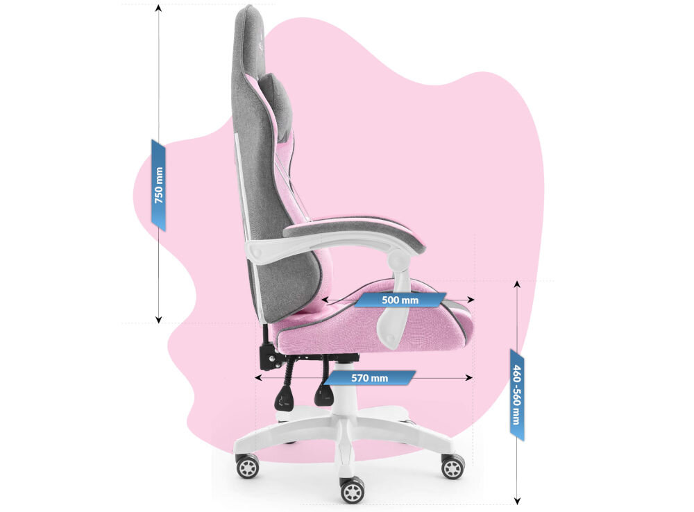 Fotel HELL'S CHAIR Rainbow Kids Szaro-różówy prezentacja fotela od boku na różowo-białym tle z wymiarami stabilność