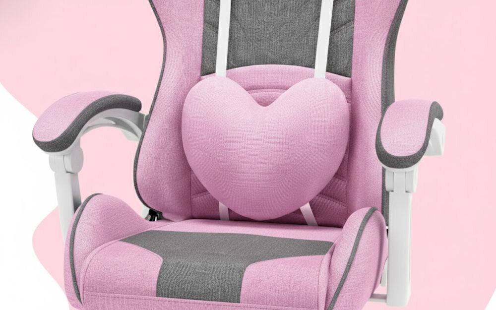Fotel HELL'S CHAIR Rainbow Kids Szaro-różówy zbliżenie na siedzisko i poduszkę fotela różowo-białe tło dbałość o elementy trwała i oddychająca tkanina HD profilowana poduszka pod lędźwie tapicerowane podłokietniki