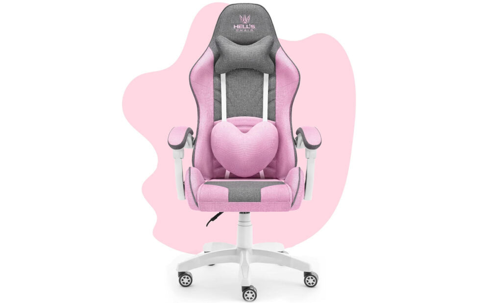 Fotel HELL'S CHAIR Rainbow Kids Szaro-różówy prezentacja fotela od przodu na różowo-białym tle solidna konstrukcja wypełnienie z termo-elastycznej pianki Free Air zimnej pianki CF sprzyja utrzymaniu prawidłowej postawy