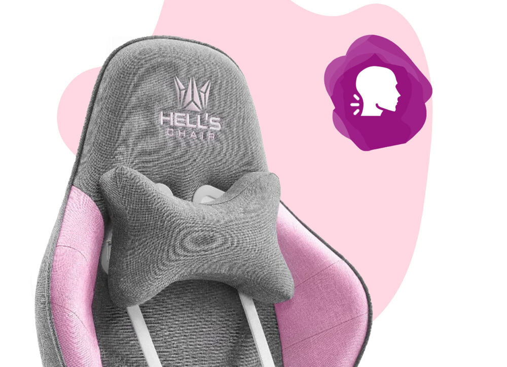 Fotel HELL'S CHAIR Rainbow Kids Szaro-różówy zbliżenie na oparcie i poduszkę na różowo-białym tle ikona wyprofilowana poduszka wsparcie głowy i mięśni karku komfort suwak indywidualny poziom miękkości