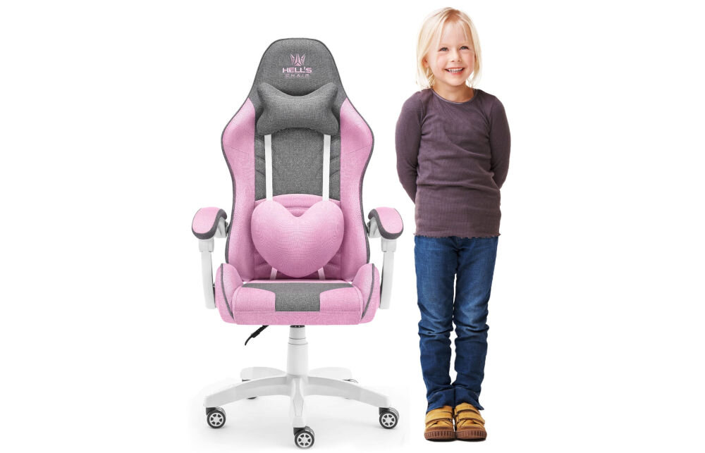 Fotel HELL'S CHAIR Rainbow Kids Szaro-różówy prezentacja fotela od przodu na białym tle obok stojące dziecko wyprofilowany kształt oparcia zapobieganie dolegliwościom bólowym kręgosłupa utrzymanie prawidłowej postawy komfort
