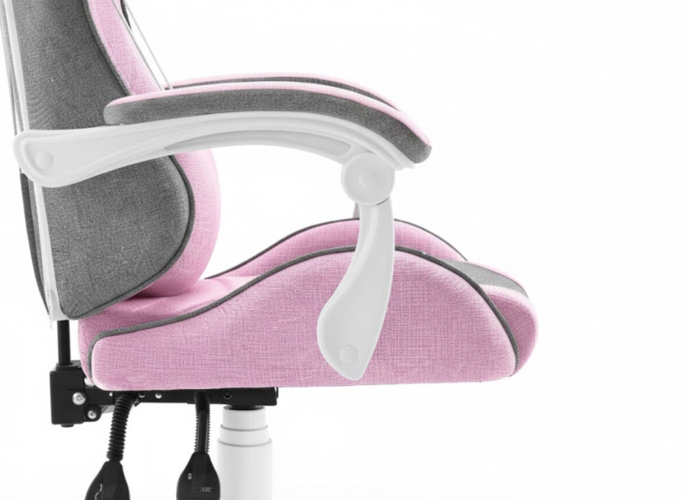 Fotel HELL'S CHAIR Rainbow Kids Szaro-różówy zbliżenie na podłokietniki białe tło miękkie wypełnienie solidne podparcie spójna stylistyka komfort przedramion