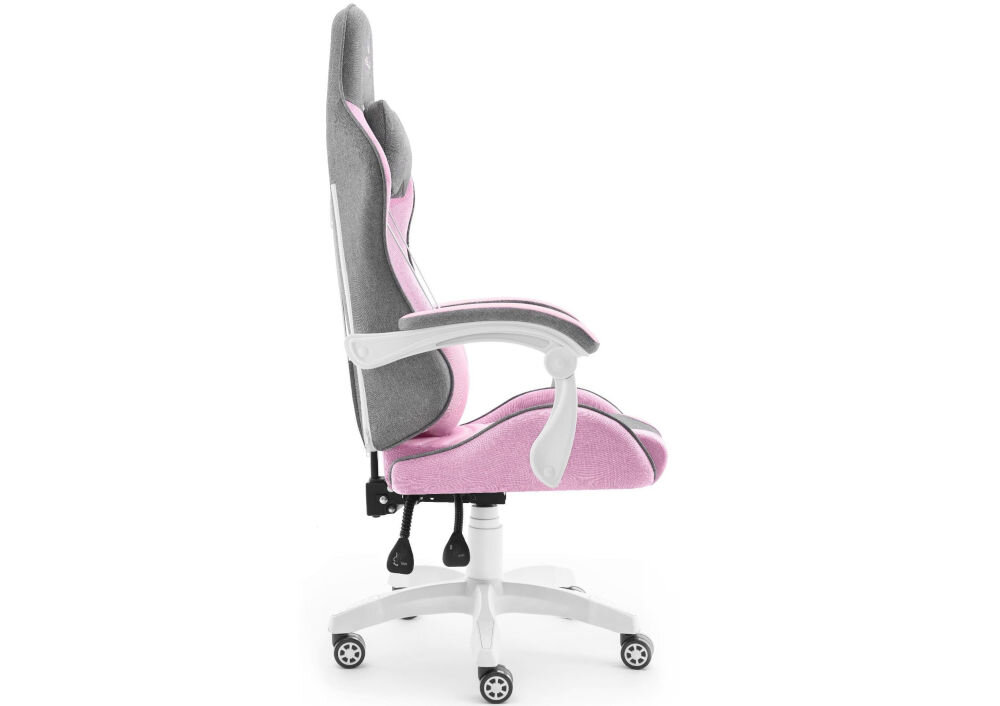 Fotel HELL'S CHAIR Rainbow Kids Szaro-różówy prezentacja fotela od boku na białym tle płynnie regulowana wysokość siedziska prawidłowa cyrkulacja krwi redukcja uczucia zmęczenia nóg podnośnik gazowy certyfikat SGS