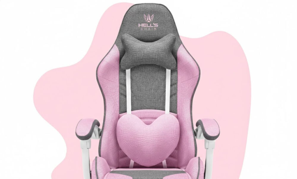 Fotel HELL'S CHAIR Rainbow Kids Szaro-różówy zbliżenie na oparcie i napis z marką różowo-białe tło szerokie zastosowanie rozrywka nauka dopasowanie do ciała