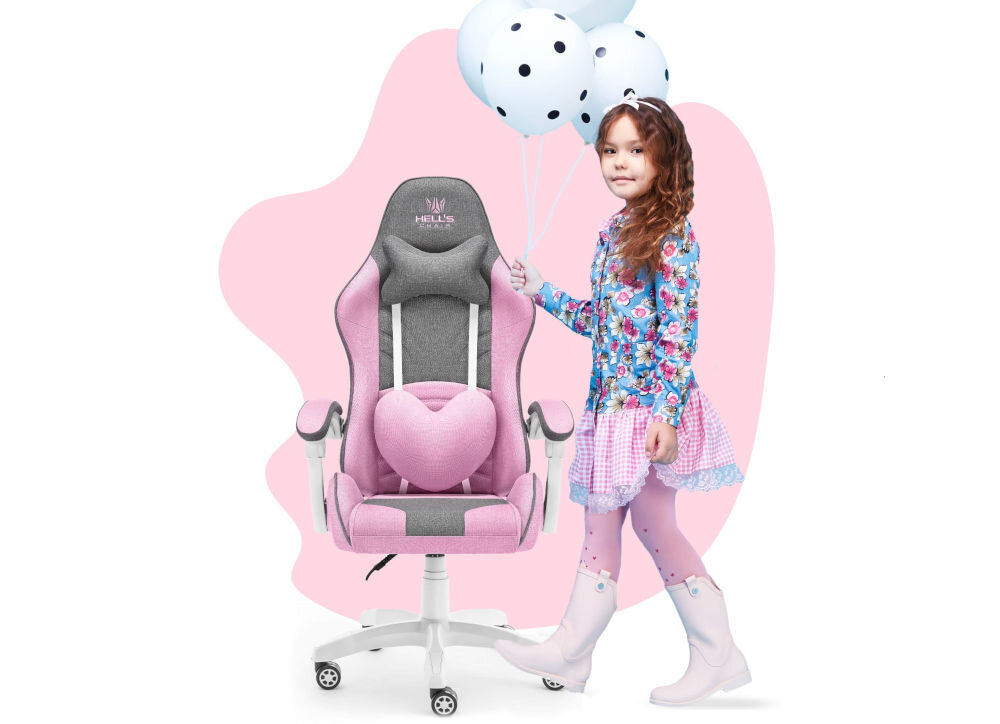 Fotel HELL'S CHAIR Rainbow Kids Szaro-różówy prezentacja fotela od przodu obok dziewczynka z balonami na różowo-białym tle płynna regulacja kąta pochylenia oparcia wygodna dźwignia optymalna pozycja dla komfortu