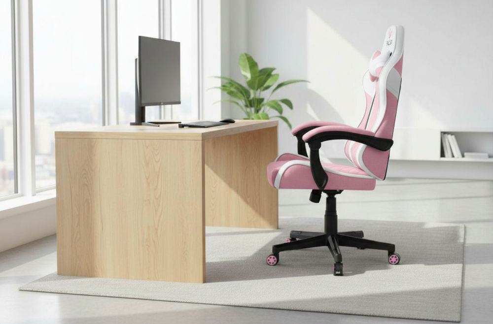 Fotel HELL'S CHAIR HC-1004 Różowo-biało-szary prezentacja fotela od boku w jasnym biurze przy biurku do 120 kg bezpieczne stabilne użytkowanie trwałość wygoda