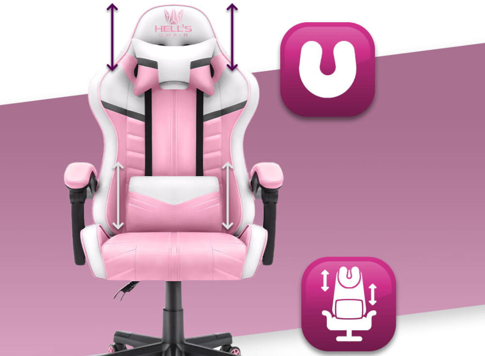 Fotel HELL'S CHAIR HC-1004 Różowo-biało-szary prezentacja fotela na różowo-białym tle strzałkami zaznaczona możliwość regulacji poduszek ikony poduszka lędźwiowa poduszka wspierająca mięśnie karku odpowiednie podparcie dla ciała komfort suwak wymiana wypełnienia indywidualne potrzeby