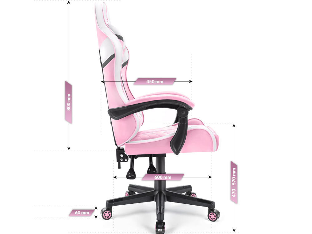 Fotel HELL'S CHAIR HC-1004 Różowo-biało-szary prezentacja fotela od boku na białym tle z wymiarami stabilność