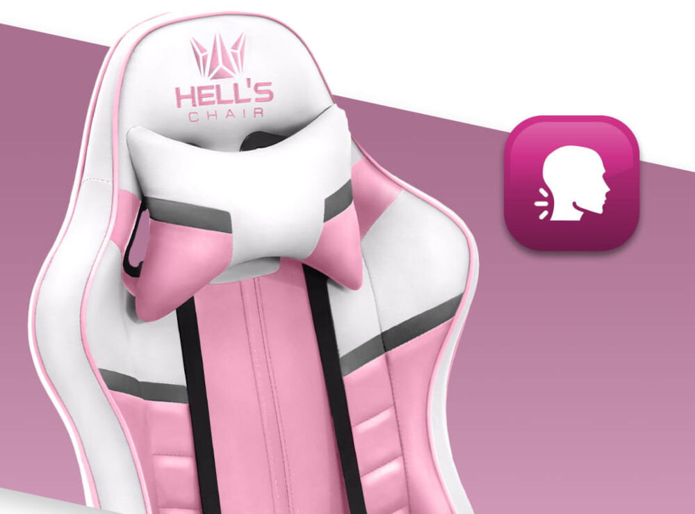 Fotel HELL'S CHAIR HC-1004 Różowo-biało-szary zbliżenie na oparcie i poduszkę na różowo-białym tle ikona wyprofilowana poduszka wsparcie głowy i mięśni karku komfort suwak indywidualny poziom miękkości