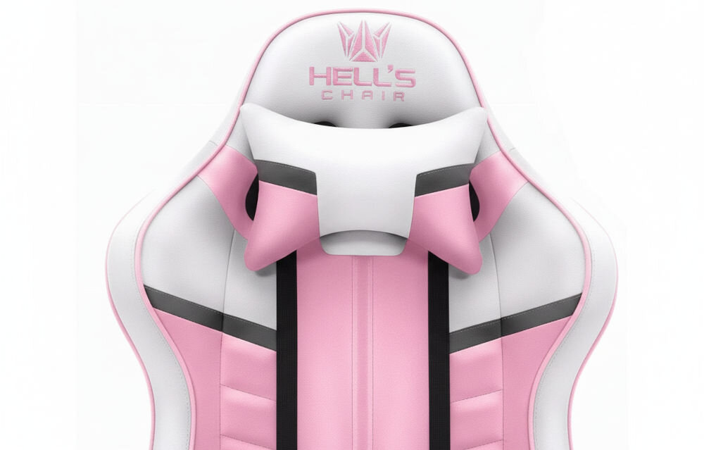 Fotel HELL'S CHAIR HC-1004 Różowo-biało-szary zbliżenie na oparcie i napis z marką jasne tło szerokie zastosowanie rozrywka nauka praca ergonomia partner do zadań specjalnych