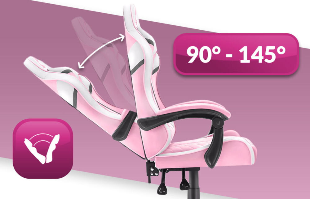 Fotel HELL'S CHAIR HC-1004 Różowo-biało-szary prezentacja fotela od boku i jego możliwej regulacji na różowo-białym tle płynna regulacja kąta pochylenia oparcia zakres wygodna dźwignia optymalna pozycja dla komfortu