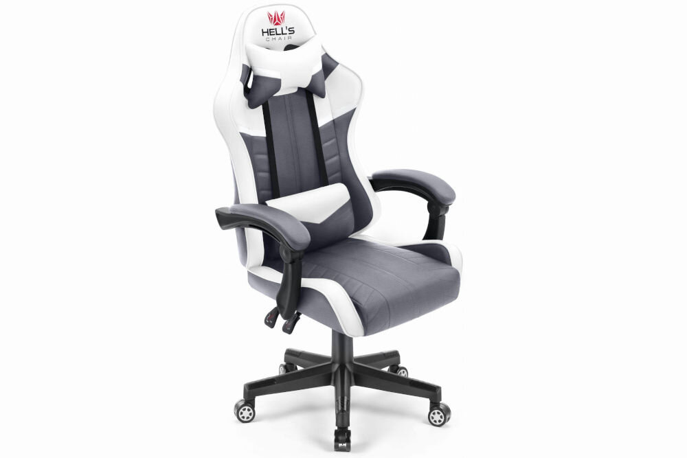 Fotel HELL'S CHAIR HC- 1004 Biało-szary prezentacja fotela od przodu pod kątem na jasnym tle wyróżniający się design komfort elegancka forma