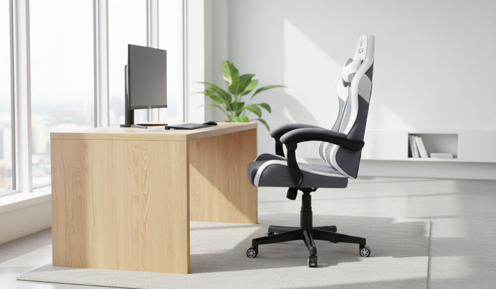 Fotel HELL'S CHAIR HC- 1004 Biało-szary prezentacja fotela od boku w jasnym biurze przy biurku do 120 kg bezpieczne stabilne użytkowanie trwałość wygoda