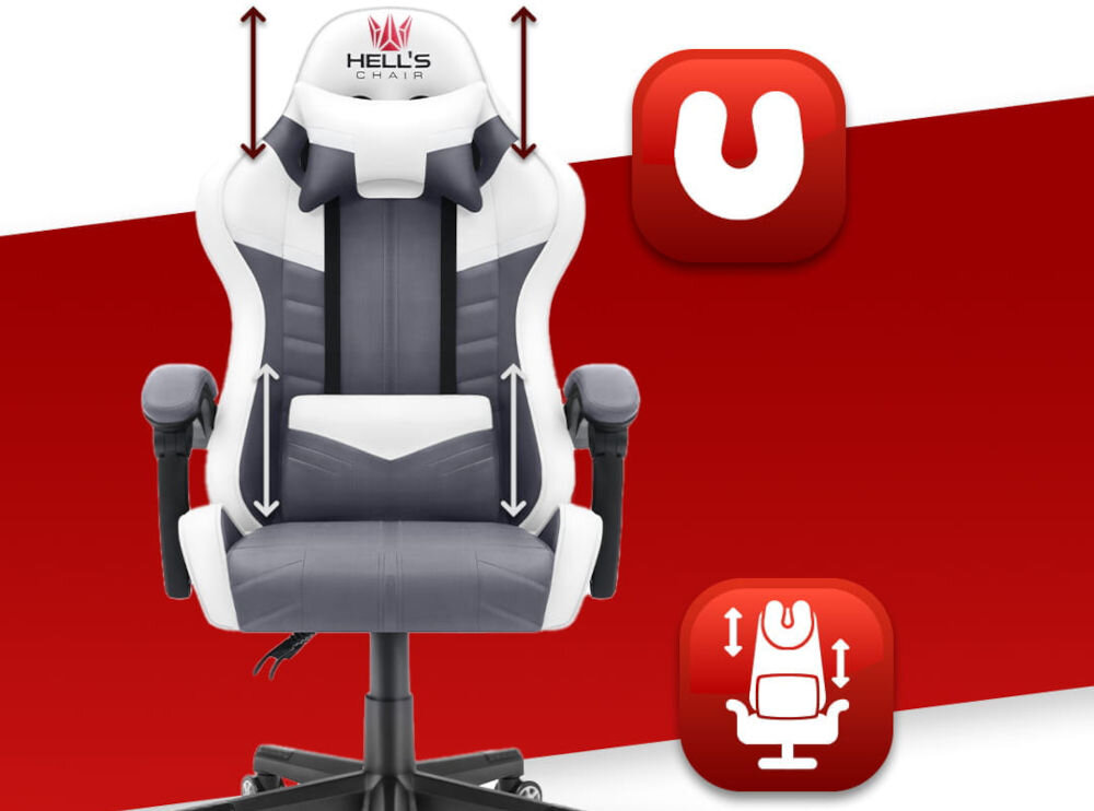 Fotel HELL'S CHAIR HC- 1004 Biało-szary prezentacja fotela na czerwono-białym tle strzałkami zaznaczona możliwość regulacji poduszek ikony poduszka lędźwiowa poduszka wspierająca mięśnie karku odpowiednie podparcie dla ciała komfort suwak wymiana wypełnienia indywidualne potrzeby