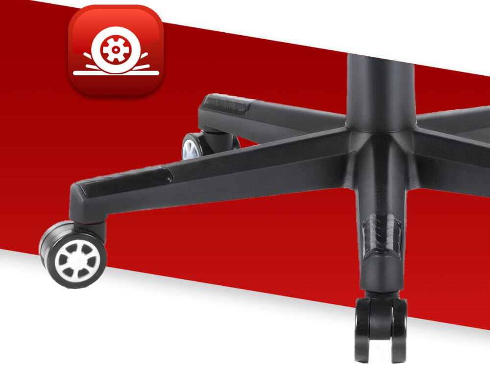 Fotel HELL'S CHAIR HC- 1004 Biało-szary zbliżenie na kółka na czerwono-białym tle ikona kółek poliuretanowo-kauczukowa powłoka cicha i płynna praca ochrona podłogi