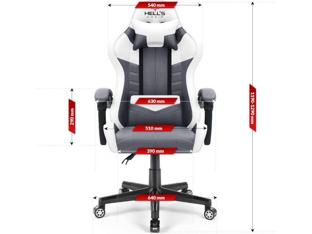 Fotel HELL'S CHAIR HC- 1004 Biało-szary prezentacja fotela od przodu na białym tle z wymiarami stabilność