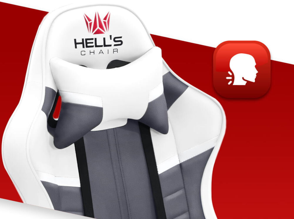 Fotel HELL'S CHAIR HC- 1004 Biało-szary zbliżenie na oparcie i poduszkę na czerwono-białym tle ikona wyprofilowana poduszka wsparcie głowy i mięśni karku komfort suwak indywidualny poziom miękkości