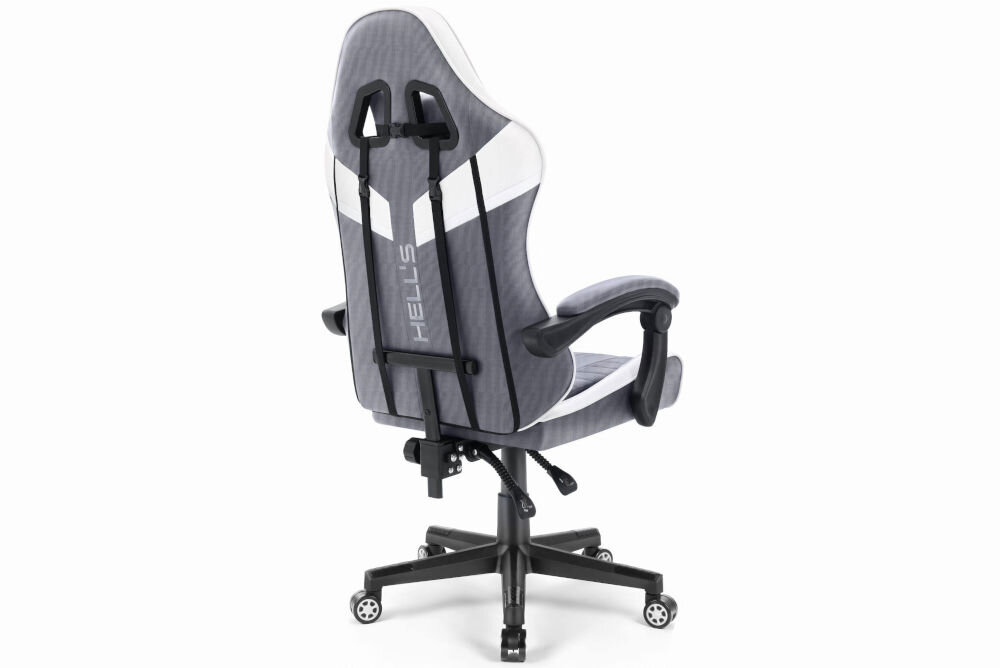 Fotel HELL'S CHAIR HC- 1004 Biało-szary prezentacja fotela od tyłu pod kątem na jasnym tle wyprofilowany kształt oparcia zapobieganie dolegliwościom bólowym kręgosłupa utrzymanie prawidłowej postawy komfort