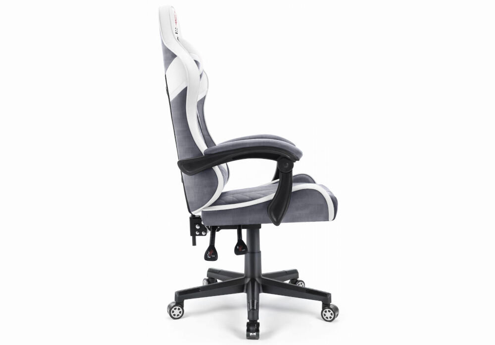 Fotel HELL'S CHAIR HC- 1004 Biało-szary prezentacja fotela od boku na jasnym tle płynnie regulowana wysokość siedziska prawidłowa cyrkulacja krwi redukcja uczucia zmęczenia nóg podnośnik gazowy certyfikat SGS