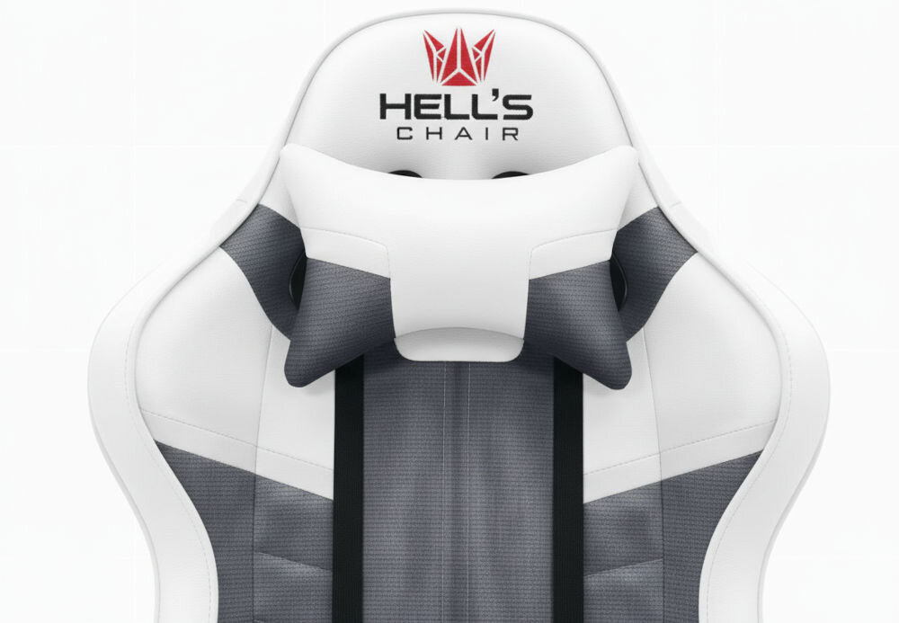 Fotel HELL'S CHAIR HC- 1004 Biało-szary zbliżenie na oparcie i napis z marką jasne tło szerokie zastosowanie rozrywka nauka praca ergonomia partner do zadań specjalnych