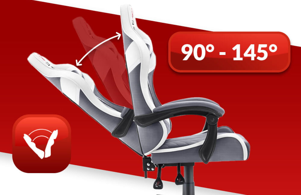 Fotel HELL'S CHAIR HC- 1004 Biało-szary prezentacja fotela od boku i jego możliwej regulacji na czerwono-białym tle płynna regulacja kąta pochylenia oparcia zakres wygodna dźwignia optymalna pozycja dla komfortu