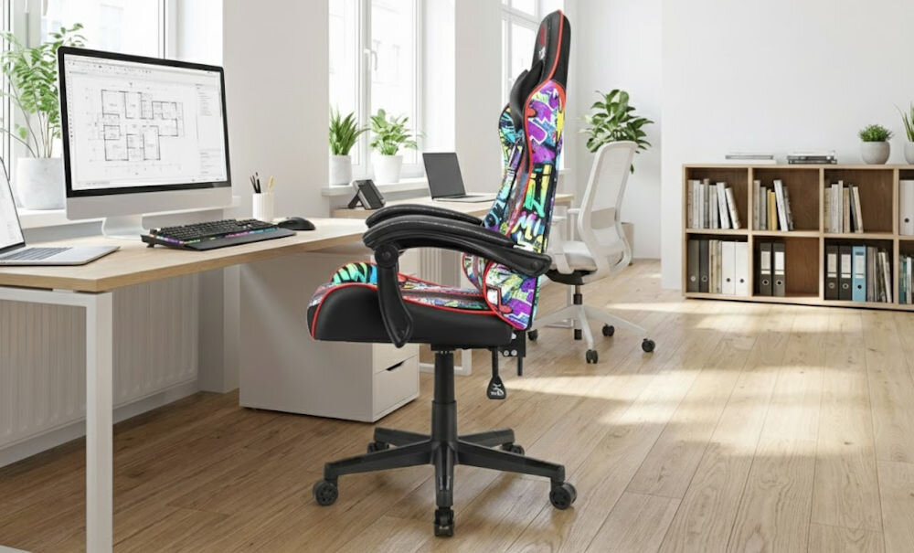 Fotel HELL'S CHAIR HC-1005 Graffiti Wielokolorowy prezentacja fotela od boku w jasnym biurze przy biurku do 120 kg bezpieczne stabilne użytkowanie trwałość wygoda