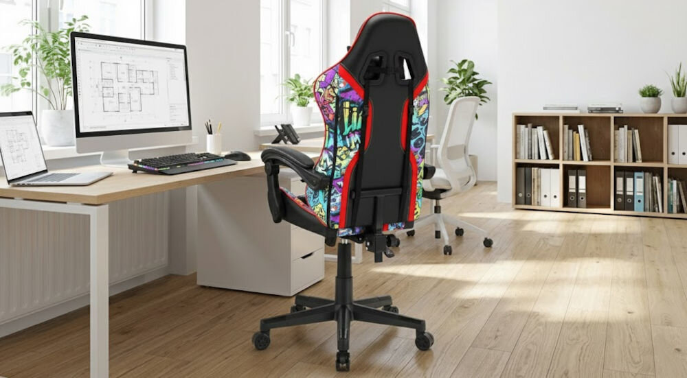 Fotel HELL'S CHAIR HC-1005 Graffiti Wielokolorowy prezentacja fotela od tyłu pod kątem w jasnym biurze wzrost optymalne dopasowanie podparcie ciała komfort