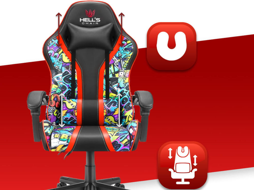 Fotel HELL'S CHAIR HC-1005 Graffiti Wielokolorowy prezentacja fotela na czerwono-białym tle strzałkami zaznaczona możliwość regulacji poduszek ikony poduszka lędźwiowa poduszka wspierająca mięśnie karku odpowiednie podparcie dla ciała komfort suwak wymiana wypełnienia indywidualne potrzeby