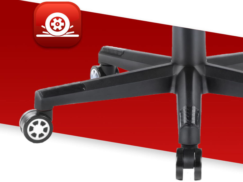 Fotel HELL'S CHAIR HC-1005 Graffiti Wielokolorowy zbliżenie na kółka na czerwono-białym tle ikona kółek poliuretanowo-kauczukowa powłoka cicha i płynna praca ochrona podłogi