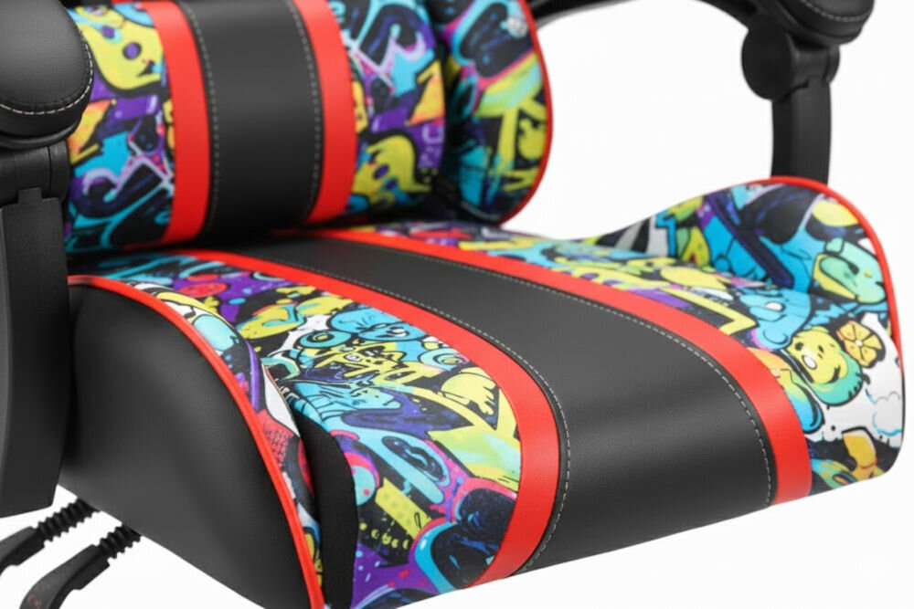 Fotel HELL'S CHAIR HC-1005 Graffiti Wielokolorowy zbliżenie na siedzisko i poduszkę fotela jasne tło dbałość o elementy trwała i praktyczna ekoskóra HDPL profilowana poduszka pod lędźwie tapicerowane podłokietniki