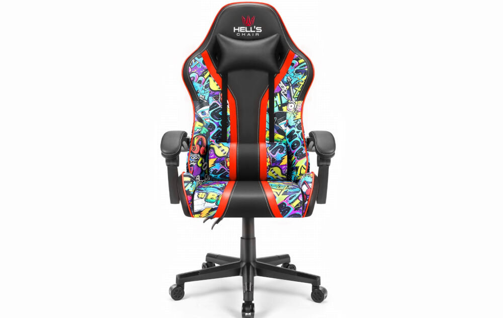 Fotel HELL'S CHAIR HC-1005 Graffiti Wielokolorowy prezentacja fotela od przodu na jasnym tle solidna konstrukcja wypełnienie z termo-elastycznej pianki Free Air zimnej pianki CF sprzyja utrzymaniu prawidłowej postawy