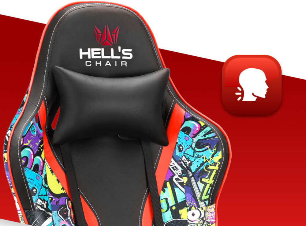 Fotel HELL'S CHAIR HC-1005 Graffiti Wielokolorowy zbliżenie na oparcie i poduszkę na czerwono-białym tle ikona wyprofilowana poduszka wsparcie głowy i mięśni karku komfort suwak indywidualny poziom miękkości