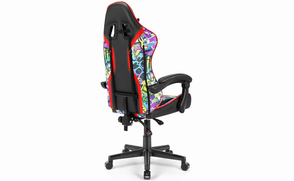 Fotel HELL'S CHAIR HC-1005 Graffiti Wielokolorowy prezentacja fotela od tyłu pod kątem na jasnym tle wyprofilowany kształt oparcia zapobieganie dolegliwościom bólowym kręgosłupa utrzymanie prawidłowej postawy komfort