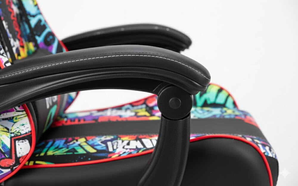 Fotel HELL'S CHAIR HC-1005 Graffiti Wielokolorowy zbliżenie na podłokietniki jasne tło miękkie wypełnienie solidne podparcie spójna stylistyka komfort przedramion