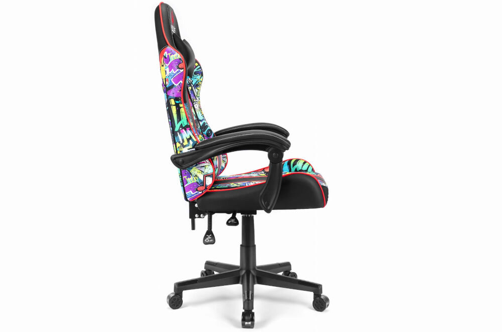 Fotel HELL'S CHAIR HC-1005 Graffiti Wielokolorowy prezentacja fotela od boku na jasnym tle płynnie regulowana wysokość siedziska prawidłowa cyrkulacja krwi redukcja uczucia zmęczenia nóg podnośnik gazowy certyfikat SGS