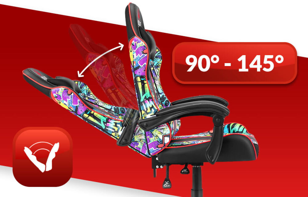 Fotel HELL'S CHAIR HC-1005 Graffiti Wielokolorowy prezentacja fotela od boku i jego możliwej regulacji na czerwono-białym tle płynna regulacja kąta pochylenia oparcia zakres wygodna dźwignia optymalna pozycja dla komfortu
