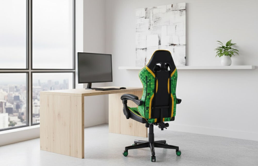 Fotel HELL'S CHAIR HC-1005 Cube Zielono-czarny prezentacja fotela od tyłu pod kątem w jasnym biurze przy biurku wzrost optymalne dopasowanie podparcie ciała komfort