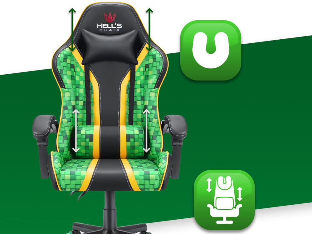 Fotel HELL'S CHAIR HC-1005 Cube Zielono-czarny prezentacja fotela na zielono-białym tle strzałkami zaznaczona możliwość regulacji poduszek ikony poduszka lędźwiowa poduszka wspierająca mięśnie karku odpowiednie podparcie dla ciała komfort suwak wymiana wypełnienia indywidualne potrzeby