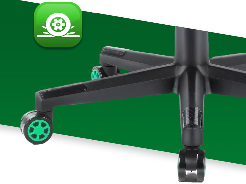 Fotel HELL'S CHAIR HC-1005 Cube Zielono-czarny zbliżenie na kółka na zielono-białym tle ikona kółek poliuretanowo-kauczukowa powłoka cicha i płynna praca ochrona podłogi