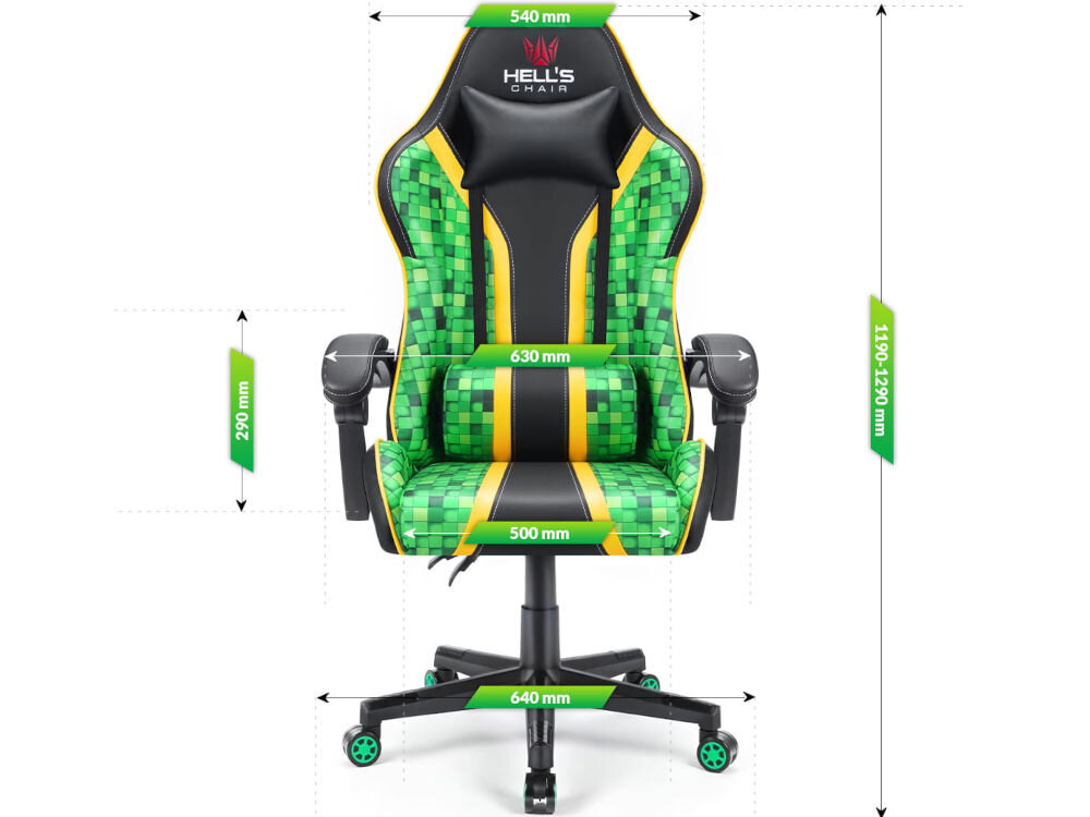 Fotel HELL'S CHAIR HC-1005 Cube Zielono-czarny prezentacja fotela od przodu na białym tle z wymiarami stabilność