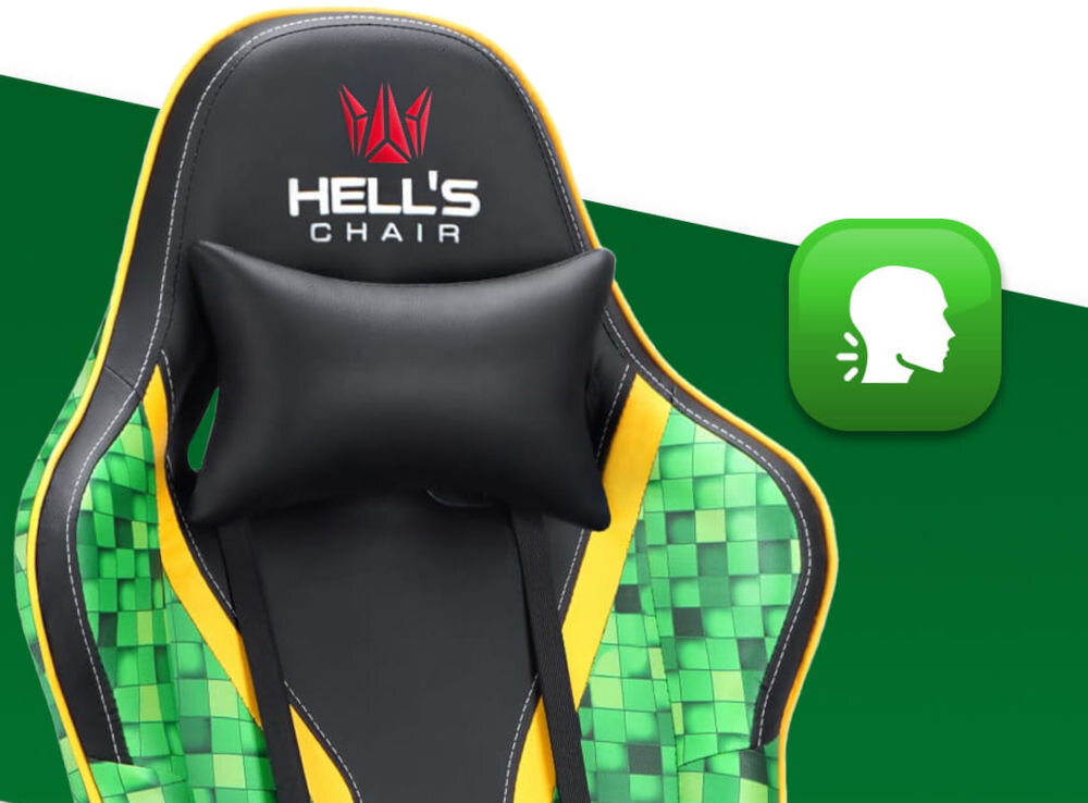 Fotel HELL'S CHAIR HC-1005 Cube Zielono-czarny zbliżenie na oparcie i poduszkę na zielono-białym tle ikona wyprofilowana poduszka wsparcie głowy i mięśni karku komfort suwak indywidualny poziom miękkości