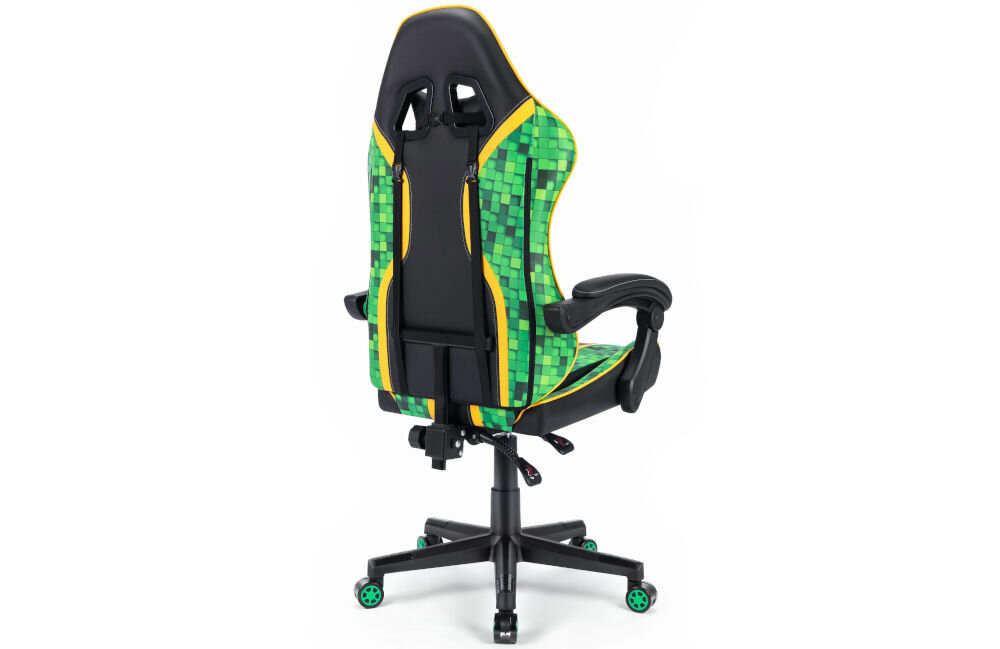 Fotel HELL'S CHAIR HC-1005 Cube Zielono-czarny prezentacja fotela od tyłu pod kątem na jasnym tle wyprofilowany kształt oparcia zapobieganie dolegliwościom bólowym kręgosłupa utrzymanie prawidłowej postawy komfort