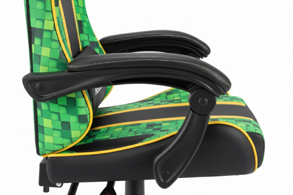 Fotel HELL'S CHAIR HC-1005 Cube Zielono-czarny zbliżenie na podłokietniki jasne tło miękkie wypełnienie solidne podparcie spójna stylistyka komfort przedramion